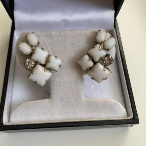 Vintage milk glass bead and crystal earrings